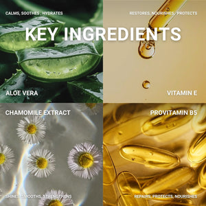 Key ingredients for skincare with aloe vera, vitamin E, chamomile extract, and provitamin B5 displayed.