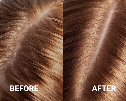 Close-up of hair before and after treatment, showing a difference in texture and shine.