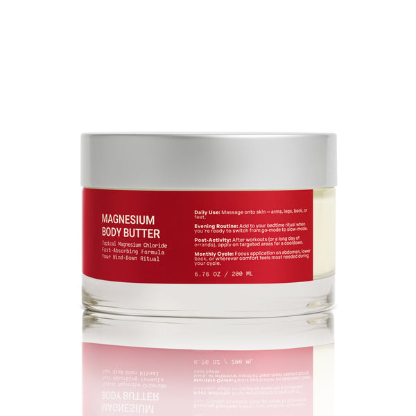 Jar of magnesium body butter with a red label on a white background